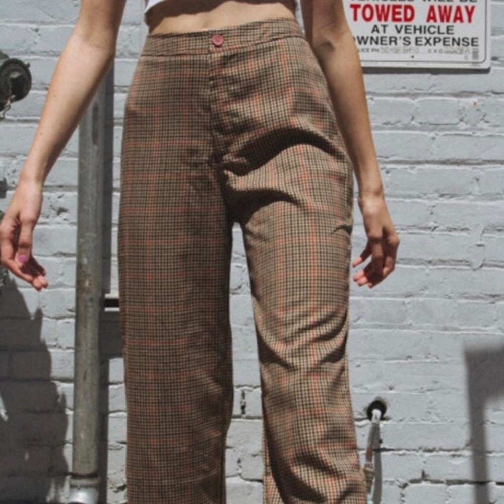 John Galt Brandy Melville Brown Plaid High-Waisted Pants
